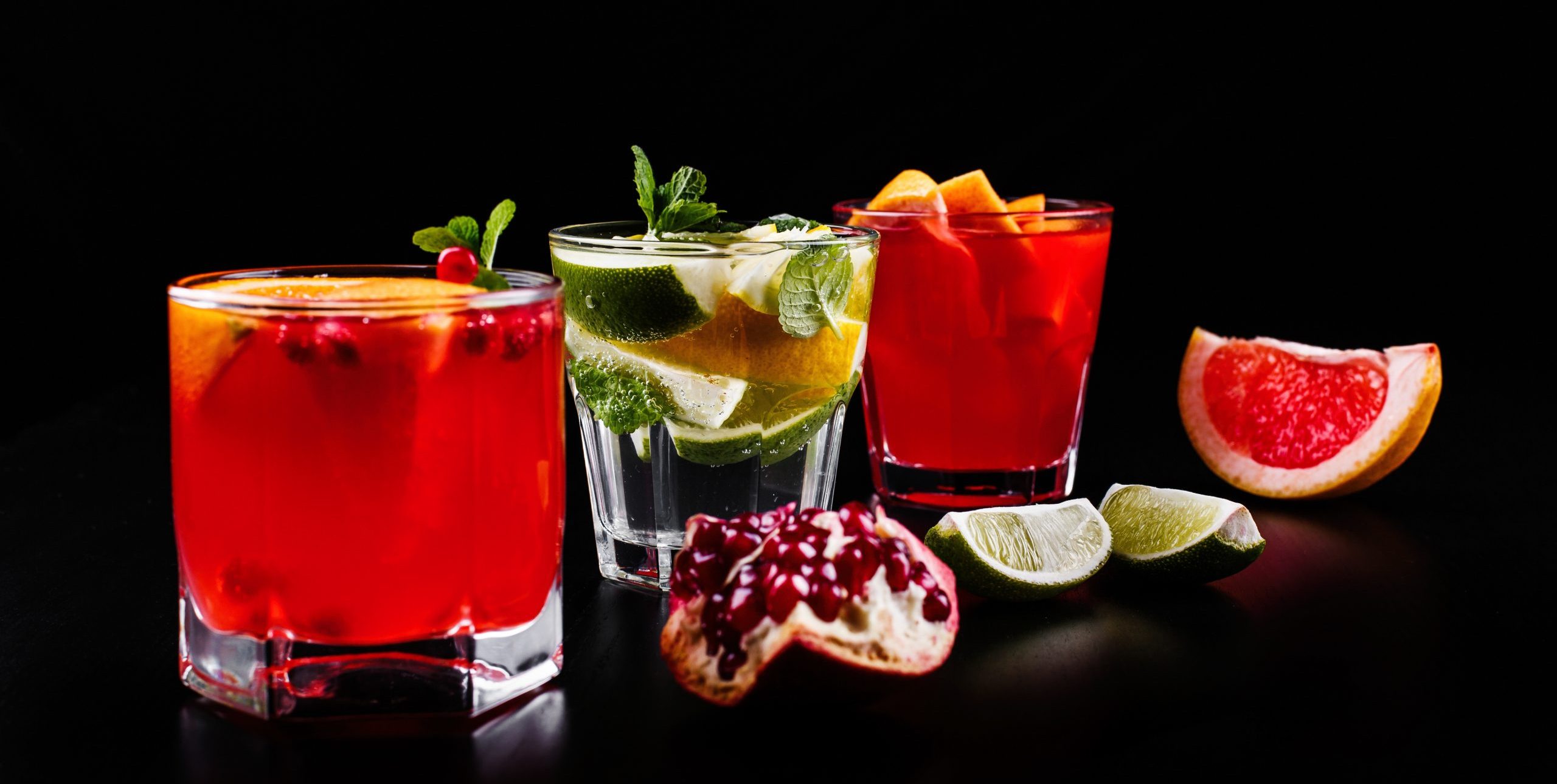 Delicious mojito, rum and cola, blood orange and vodka cocktails